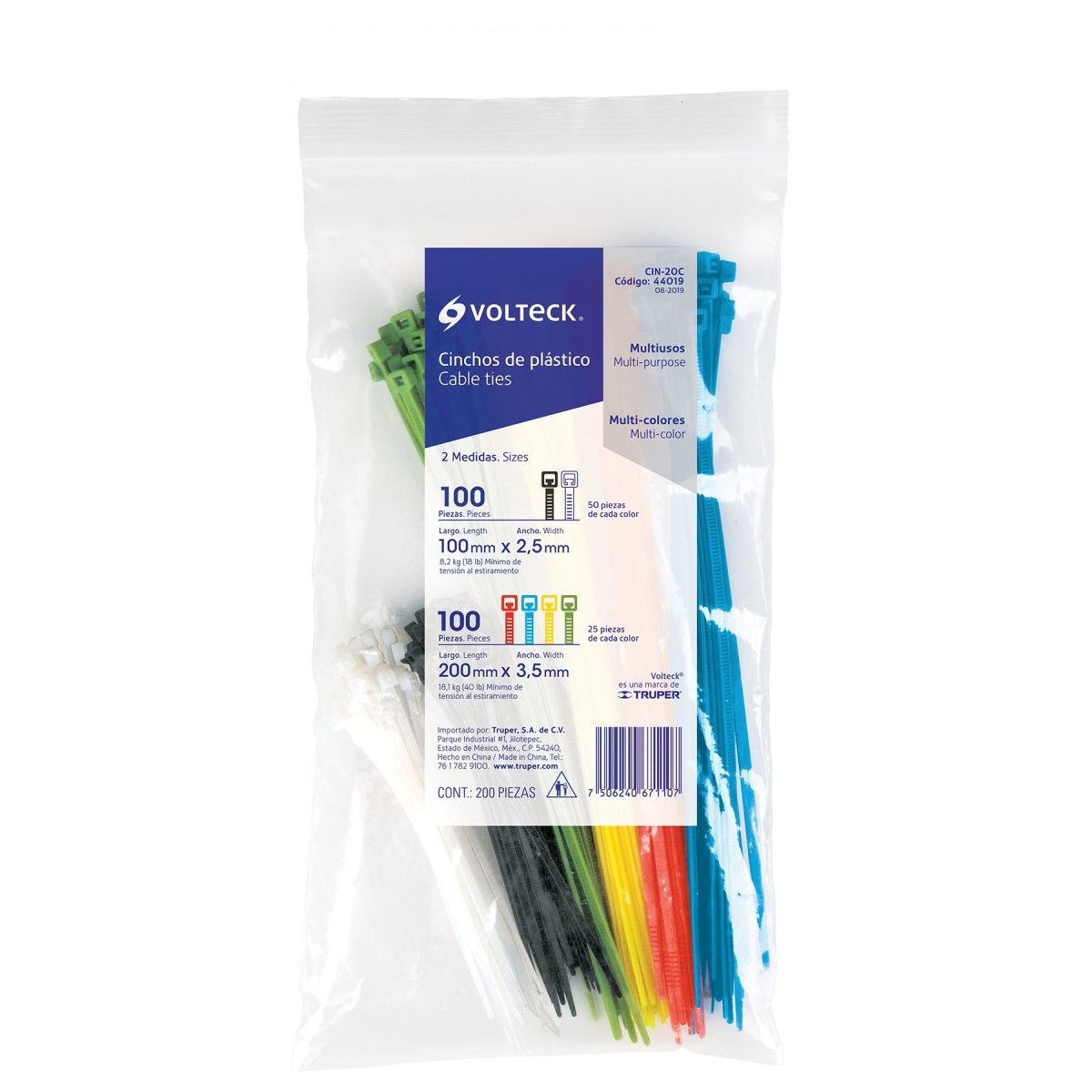 BOLSA DE ABRAZADERAS PLASTICAS (TAIRRAS) COLORES SURTIDOS 200 PIEZAS VOLTECK - SUPERMIX
