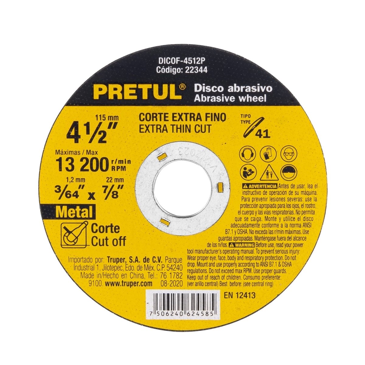 DISCO DE CORTE 4 1/2" X 1.2MM PARA METAL CENTRO PLANO ABRASIVO PRETUL - SUPERMIX