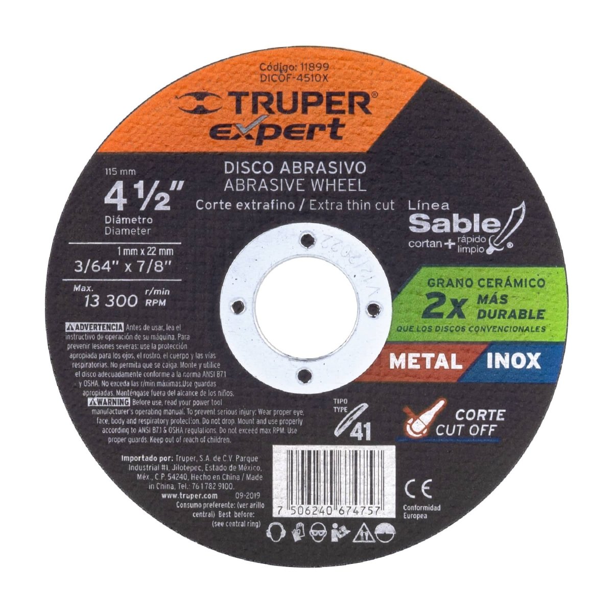 DISCO DE CORTE 4 1/2" X 1.6MM PARA METAL CENTRO PLANO ABRASIVO TRUPER EXPERT - SUPERMIX