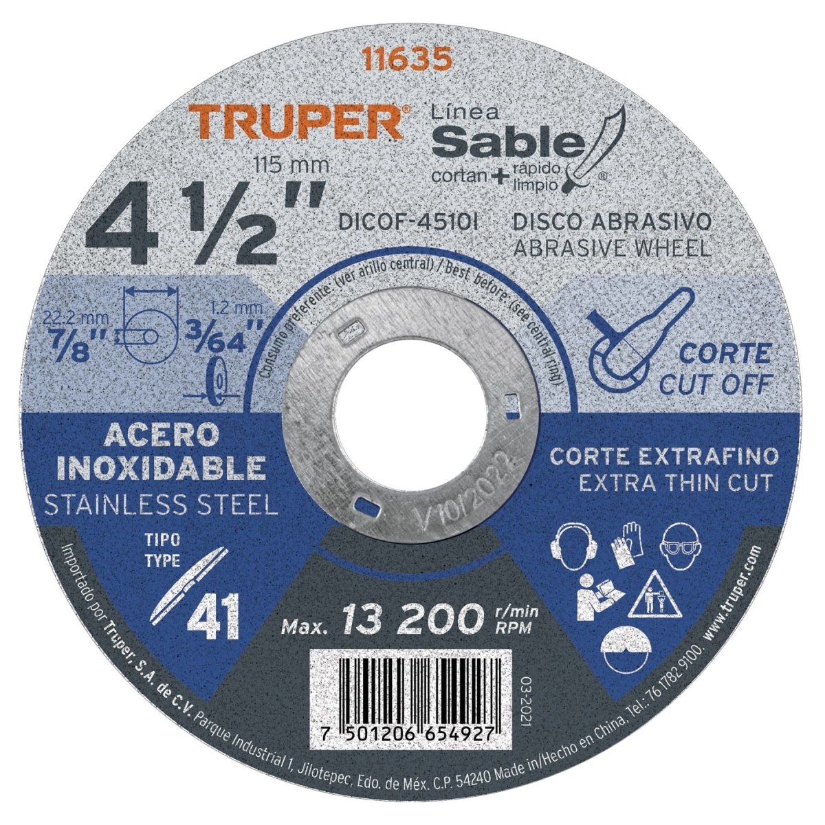 DISCO DE CORTE 4 - 1/2" X 1MM PARA ACERO INOXIDABLE CENTRO PLANO ABRASIVO TRUPER - SUPERMIX