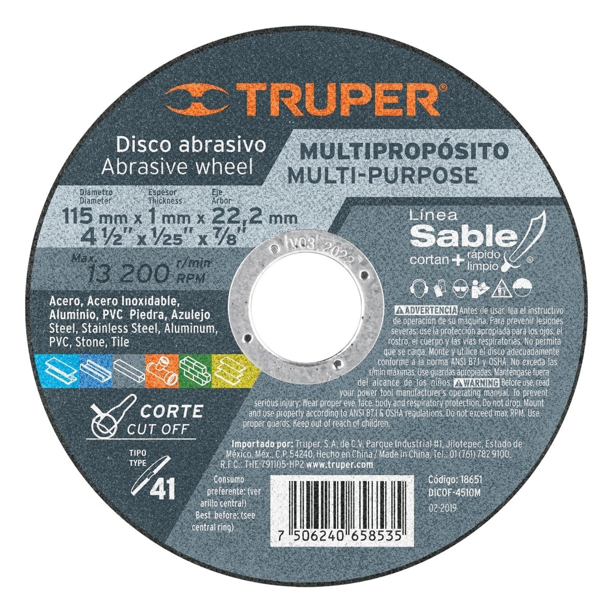 DISCO DE CORTE 4 - 1/2" X 1MM PARA MULTIMATERIAL CENTRO PLANO ABRASIVO TRUPER - SUPERMIX