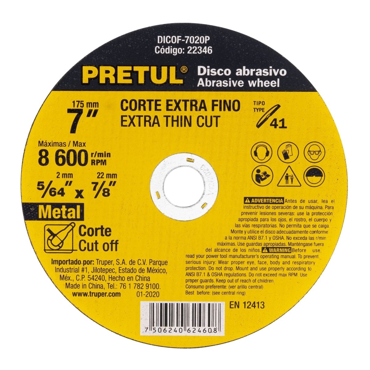 DISCO DE CORTE 7" X 2MM PARA METAL CENTRO PLANO ABRASIVO PRETUL - SUPERMIX