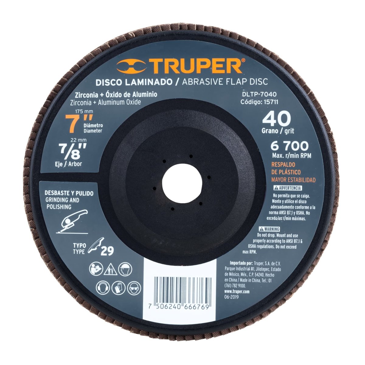 DISCO LAMINADO 7" X 7/8" CON RESPALDO PLASTICO PARA PULIR METAL GRANO 120 TRUPER+ - SUPERMIX