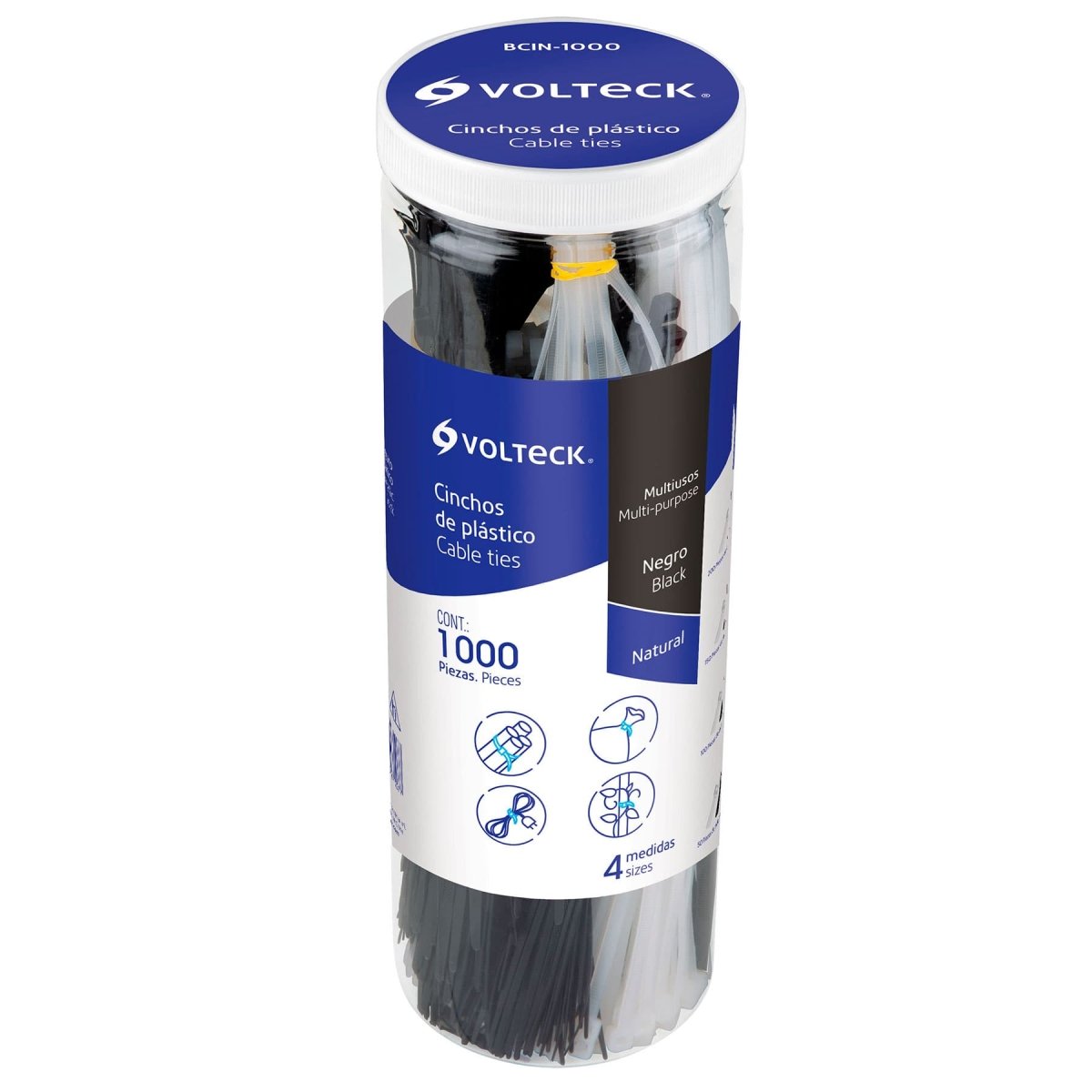 FRASCO DE ABRAZADERAS PLASTICAS (TAIRRAS) NEGRO Y BLANCO 1000 PIEZAS VOLTECK+ - SUPERMIX