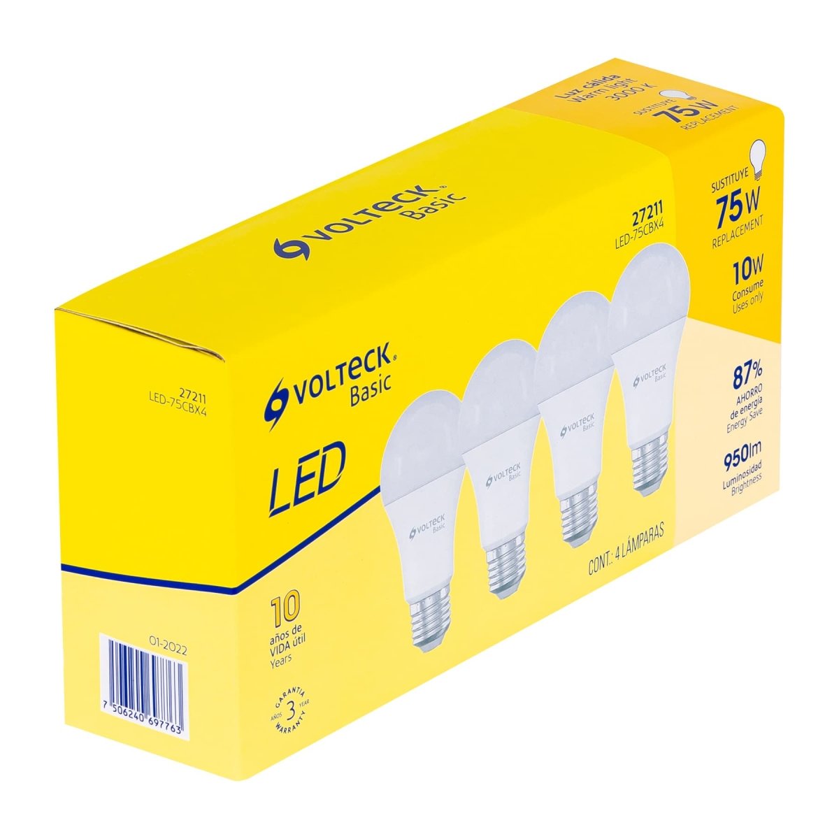 JUEGO DE 4 BOMBILLOS 10W 120V LUZ CALIDA TIPO BULBO A19 VOLTECK - SUPERMIX