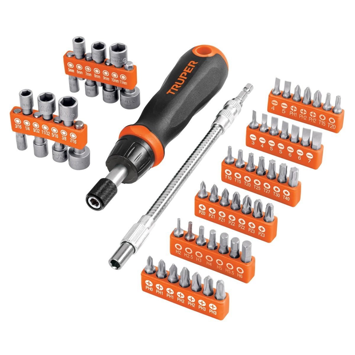 KIT DESTORNILLADOR TIPO MATRACA + 42 PUNTAS + 14 CUBOS MECANICOS + EXTENSION FLEXIBLE TRUPER - SUPERMIX