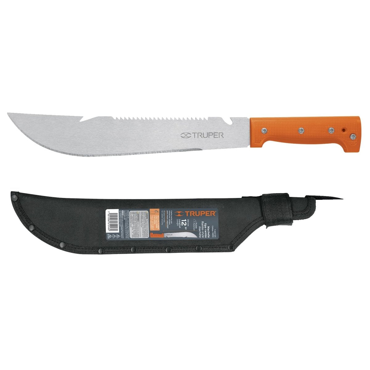 MACHETE 12" TIPO RAMBO MANGO NARANJA EN FUNDA TRUPER.. - SUPERMIX