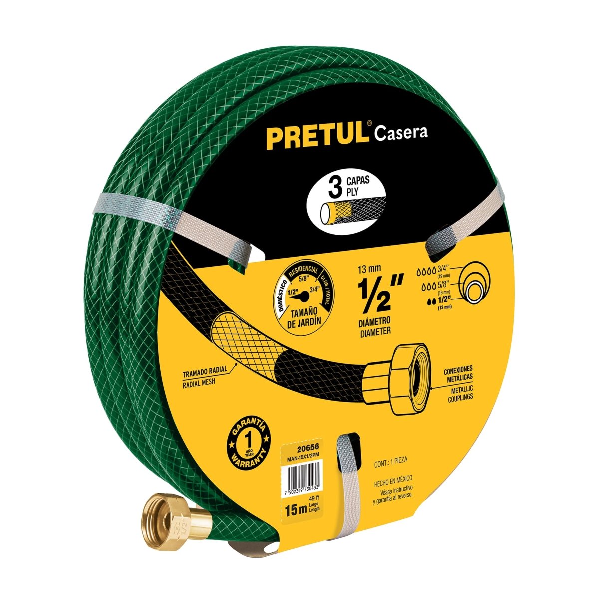 MANGUERA 1/2" 3 CAPAS C/METAL 15M,PRETUL.. - SUPERMIX