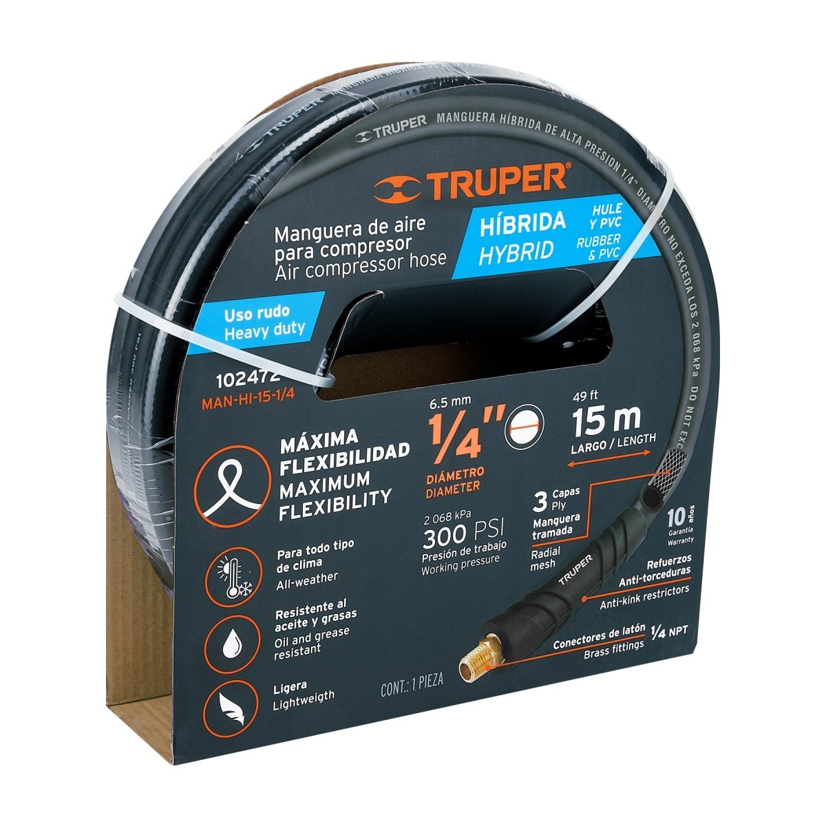 MANGUERA PARA COMPRESOR 1/4"x15M, HÍBRIDA TRUPER - SUPERMIX