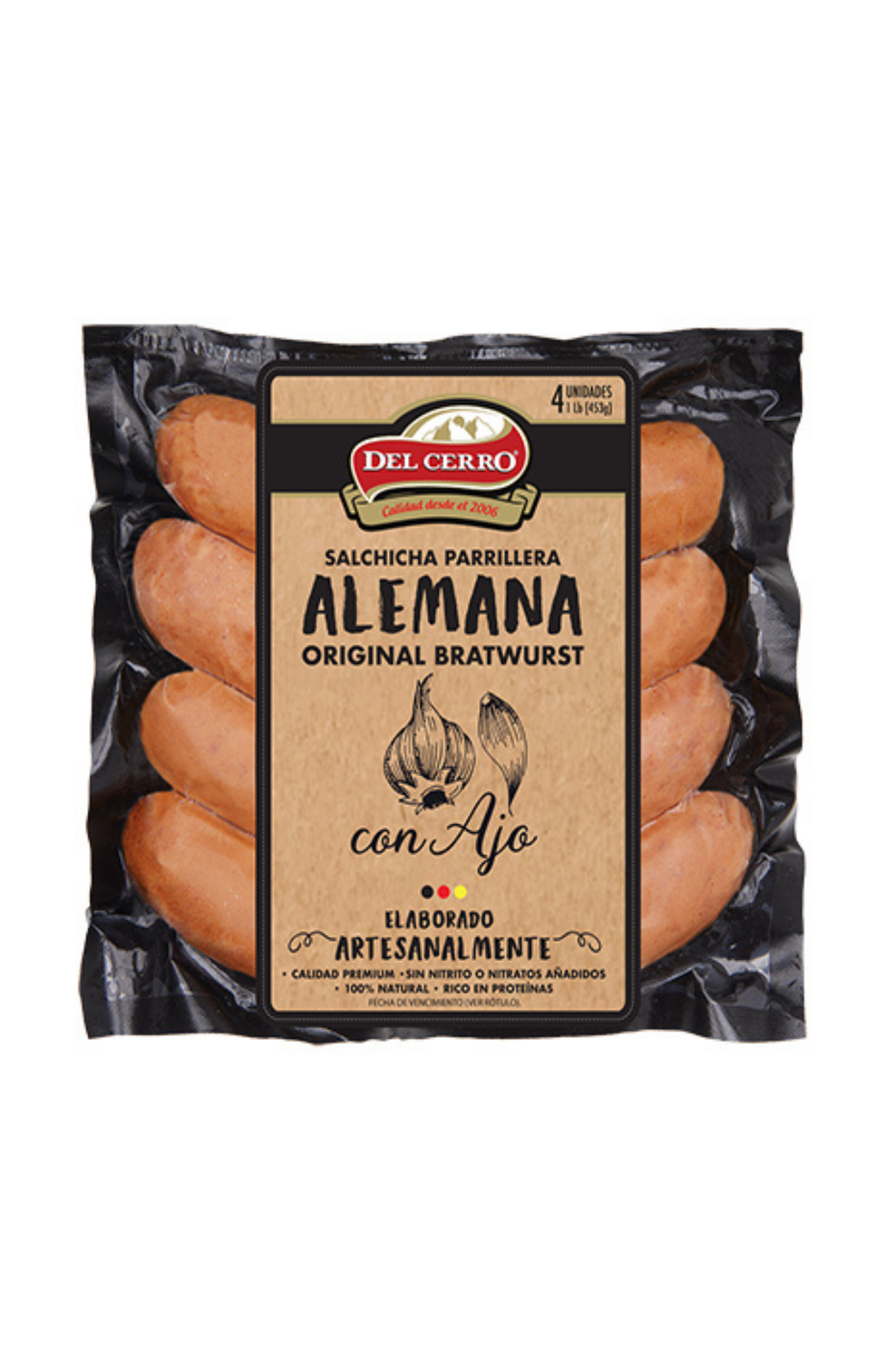 DEL CERRO SALCHICHA PARRILLERA ALEMANA CON AJO PACK 4/1 1 LB