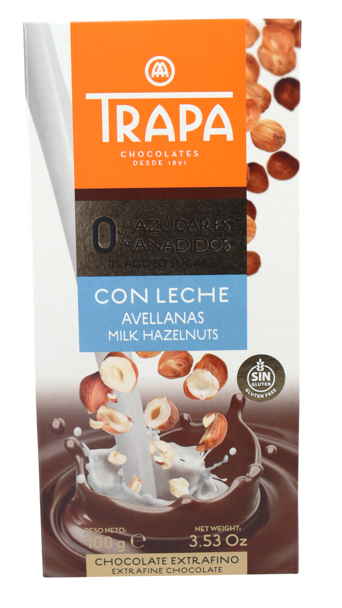 TRAPA CHOCOLATE C/LECHE AVELLANAS 0% AZUCAR S/ GLUTEN 100 GR
