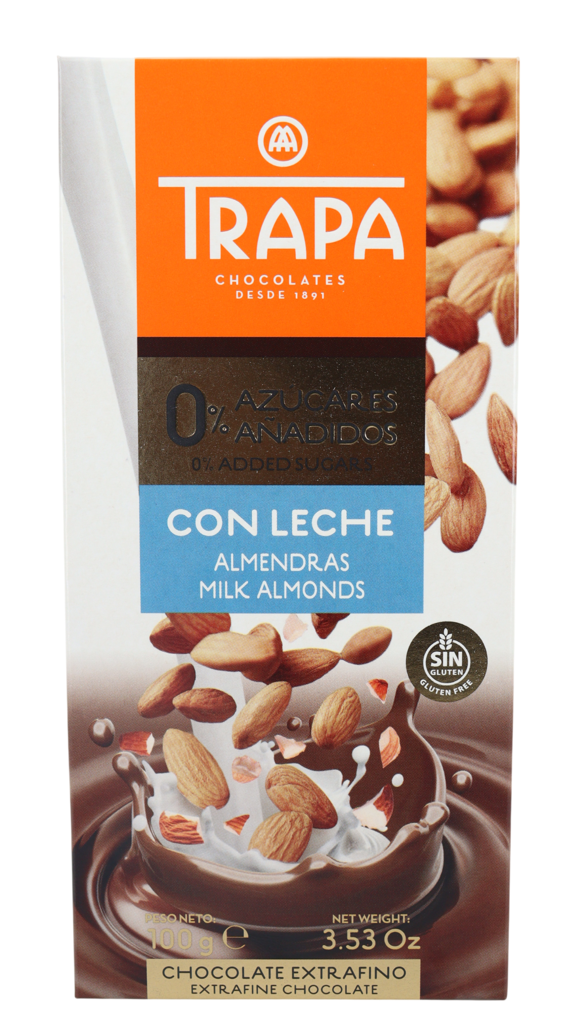 TRAPA CHOCOLATE C/ LECHE ALMENDRAS 0% AZUCAR S/ GLUTEN 100 GR