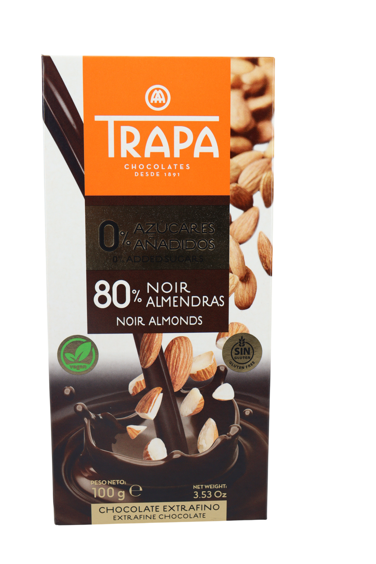 TRAPA CHOCOLATE 80% NEGRO ALMENDRA 0% AZUCAR S/ GLUTEN 100 GR