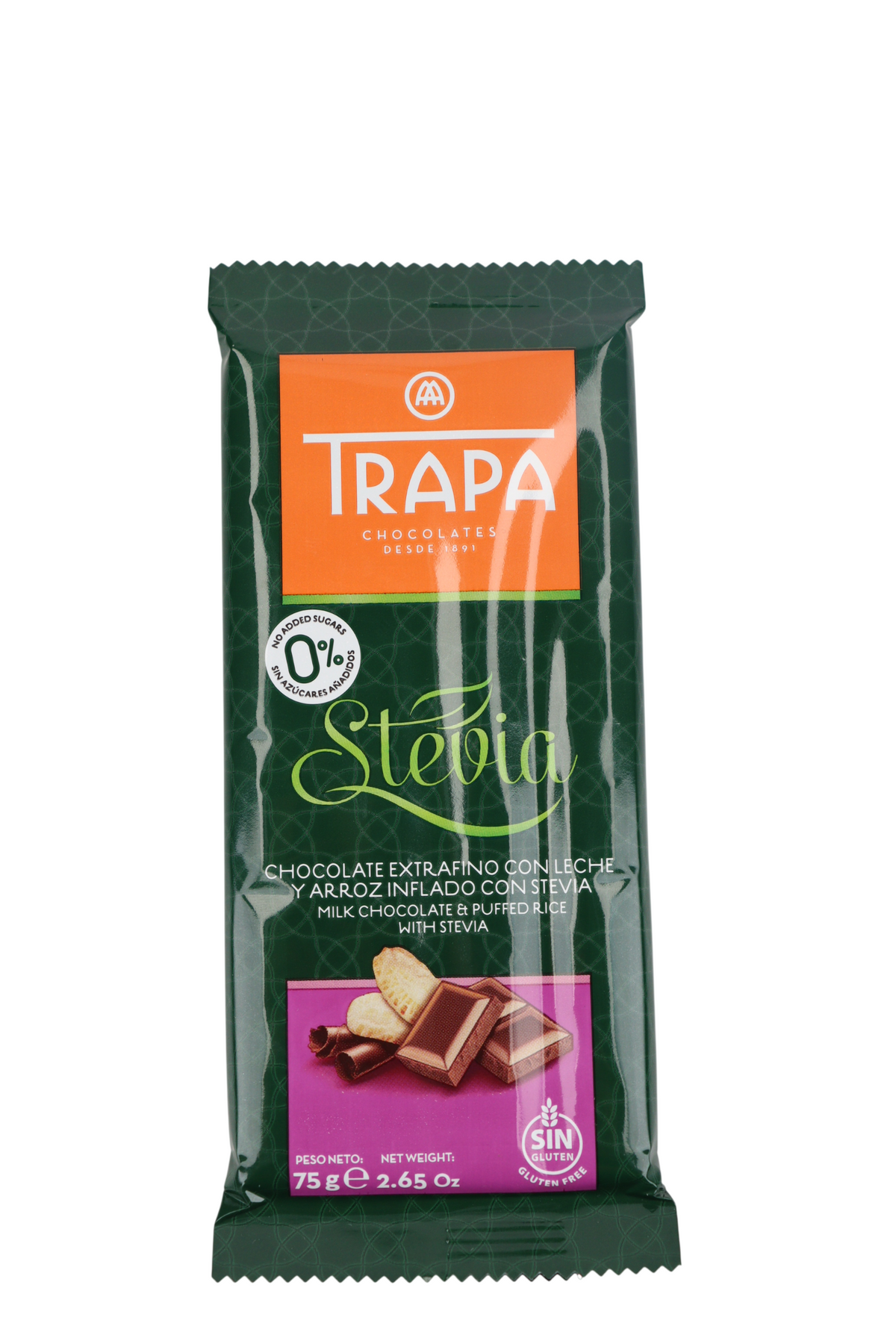 TRAPA STEVIA CHOCOLATE C/LECHE Y ARROZ INFLADO 0% AZUCAR 75 GR