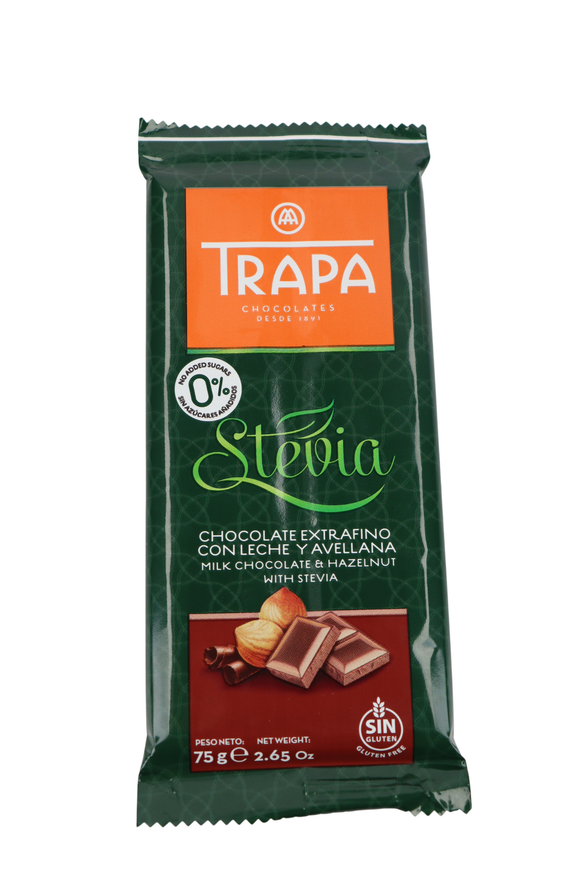 TRAPA STEVIA CHOCOLATE C/ LECHE Y AVELLANA 0% AZUCAR 75 GR