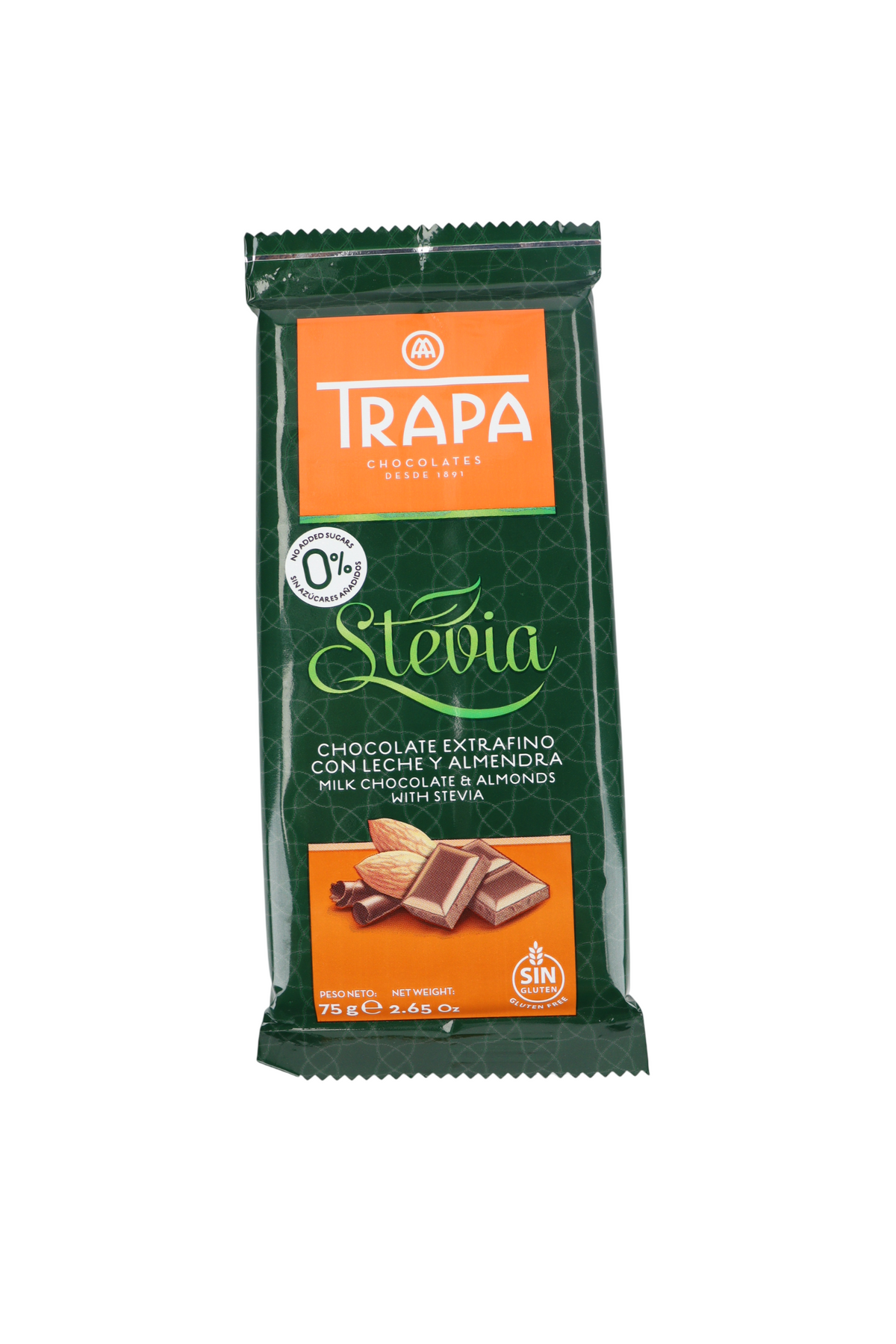 TRAPA STEVIA CHOCOLATE C/ LECHE Y ALEMENDRA 0 % AZUCAR 75 GR