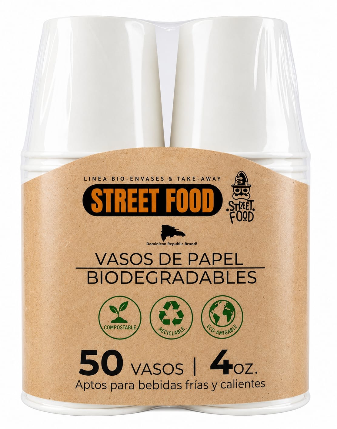 STREET FOOD VASOS PAPEL BIO BLANCO 50 UND 4 ONZ
