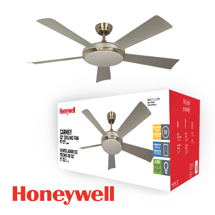 ABANICO DE TECHO CARNEY 52'' CON LUZ LED 32W NIQUEL SATIN HW-F-112-SN HONEYWELL