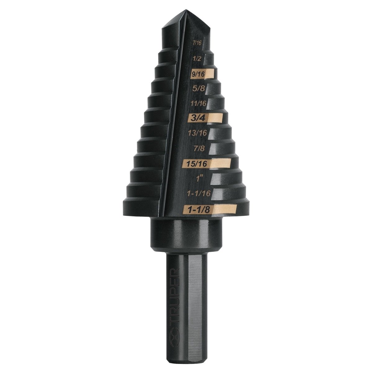BARRENA 7/16" A 1 1/8" ESCALONADA DE OXIDO NEGRO TRUPER - SUPERMIX