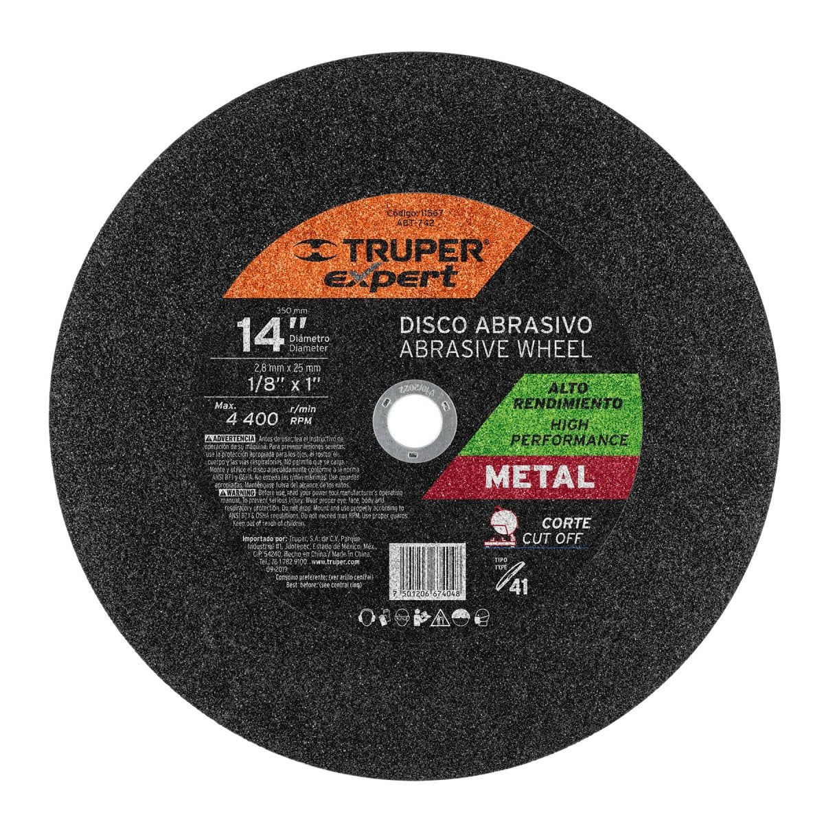 DISCO DE CORTE 14" PARA METAL CENTRO PLANO ABRASIVO TRUPER EXPERT - SUPERMIX