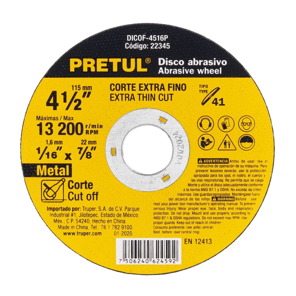 DISCO DE CORTE 4 1/2" X 1.6MM PARA METAL CENTRO PLANO ABRASIVO PRETUL - SUPERMIX