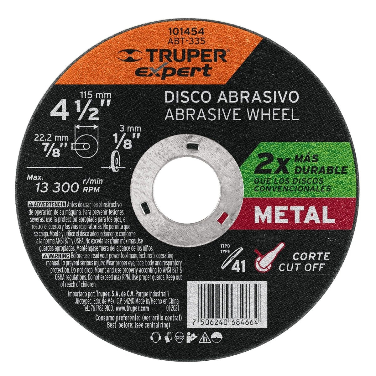 DISCO DE CORTE 4 1/2" X 3.2MM PARA METAL CENTRO PLANO ABRASIVO TRUPER EXPERT - SUPERMIX