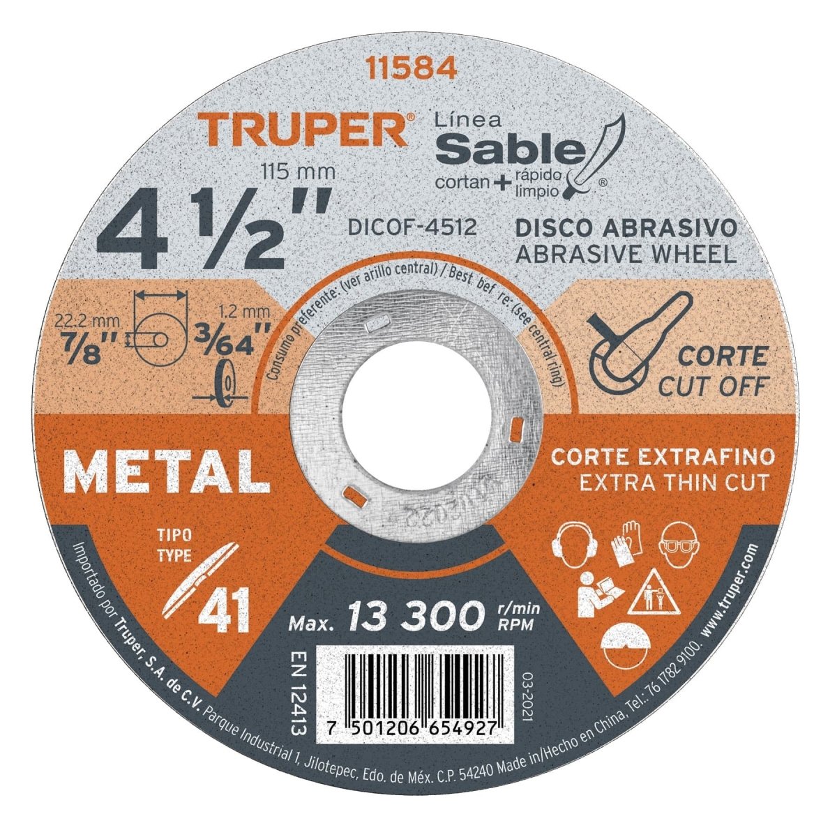 DISCO DE CORTE 7" X 2MM PARA METAL CENTRO PLANO ABRASIVO TRUPER - SUPERMIX