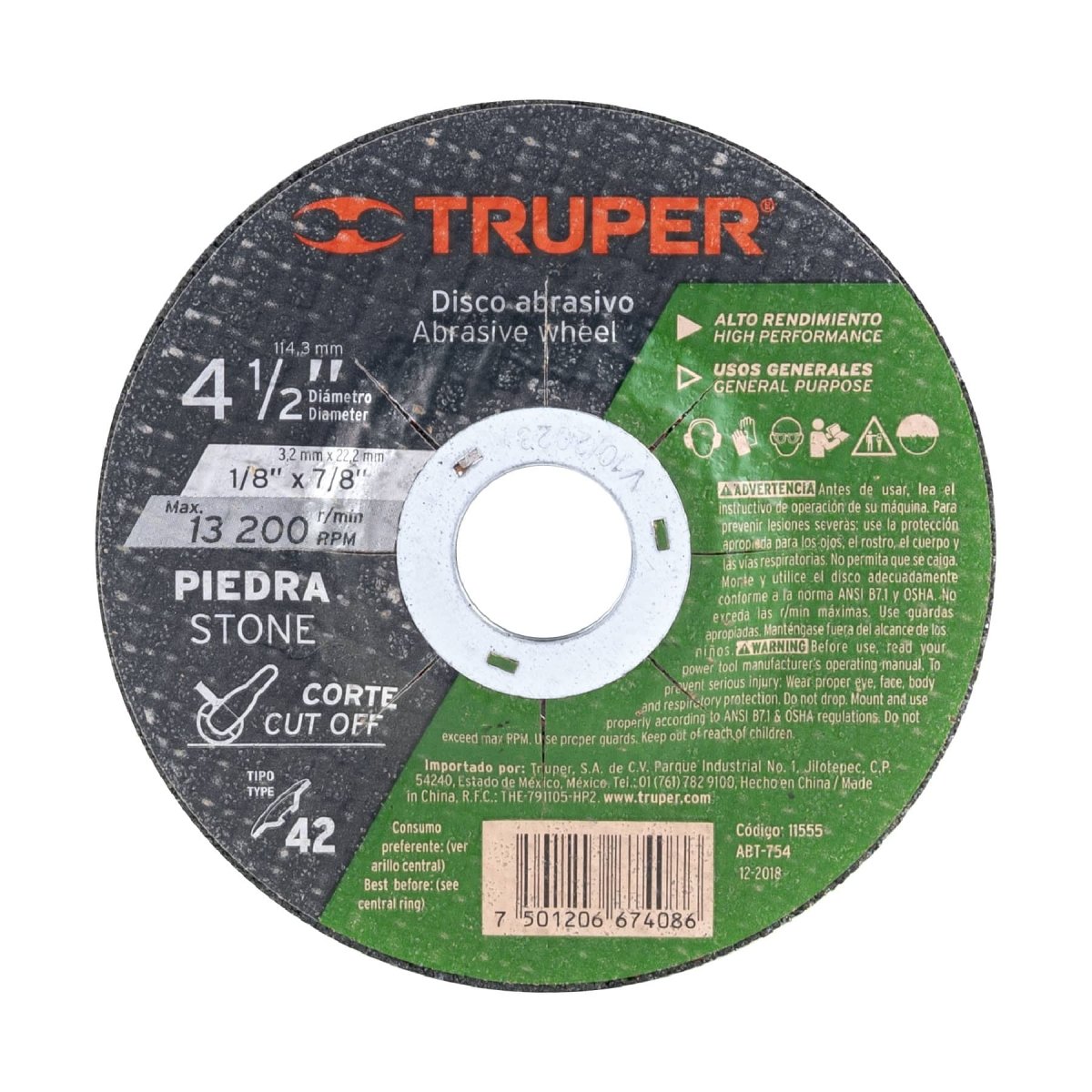 DISCO DE CORTE 7" X 3.2MM PARA PIEDRA CENTRO COPA ABRASIVO TRUPER - SUPERMIX