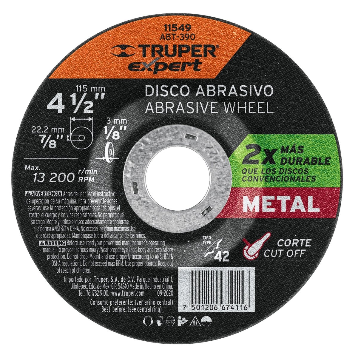 DISCO DE CORTE 9" X 3.2MM PARA METAL CENTRO COPA ABRASIVO TRUPER EXPERT - SUPERMIX