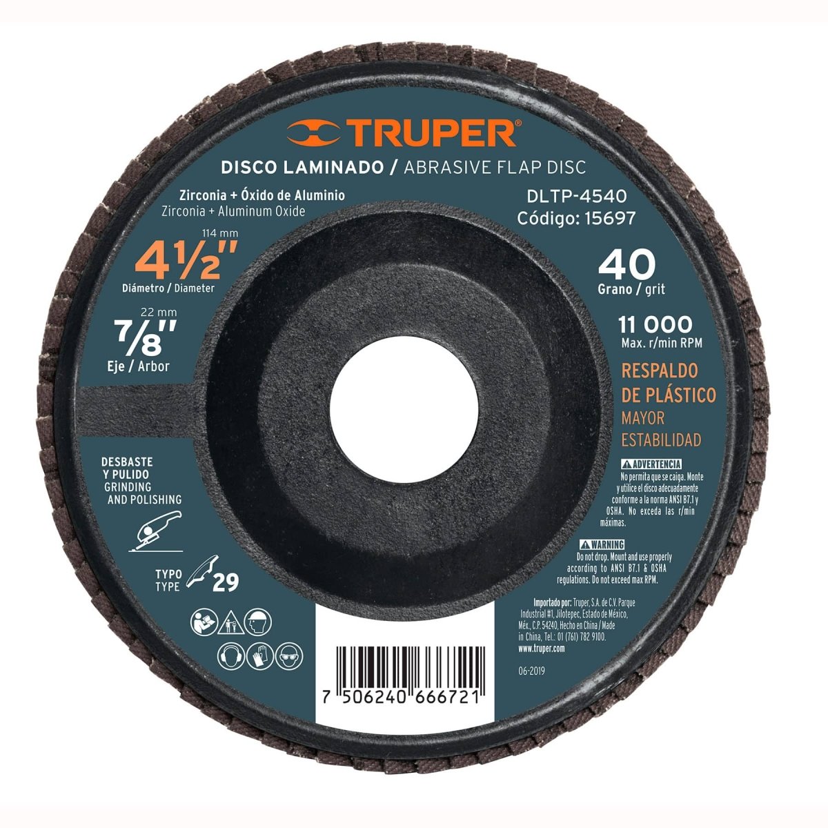 DISCO LAMINADO 4 1/2" X 7/8" CON RESPALDO PLASTICO PARA PULIR METAL GRANO 120 TRUPER - SUPERMIX