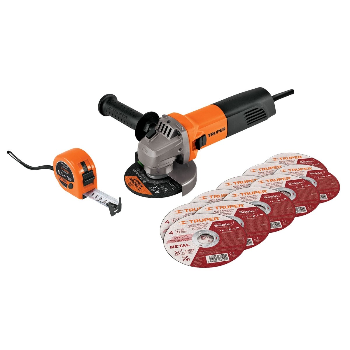 ESMERILADORA 4 1/2'' 750W + 10 DISCOS + CINTA METRICA TRUPER - SUPERMIX