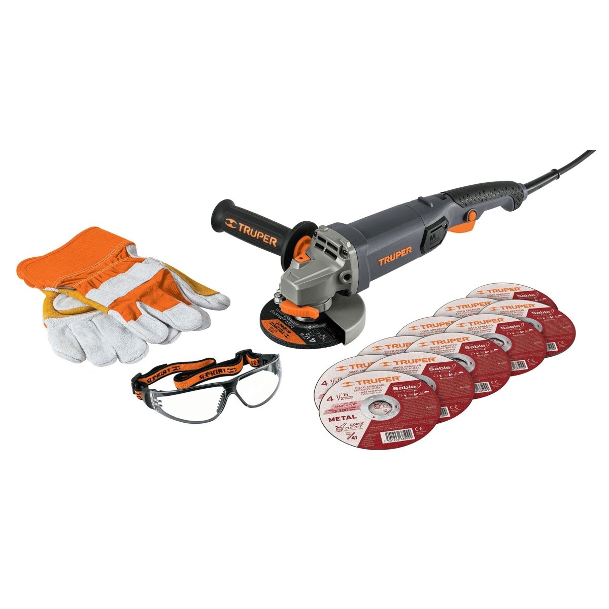 ESMERILADORA INDUSTRIAL 4 1/2'' 950W + 11 DISCOS + LENTE + GUANTE TRUPER - SUPERMIX