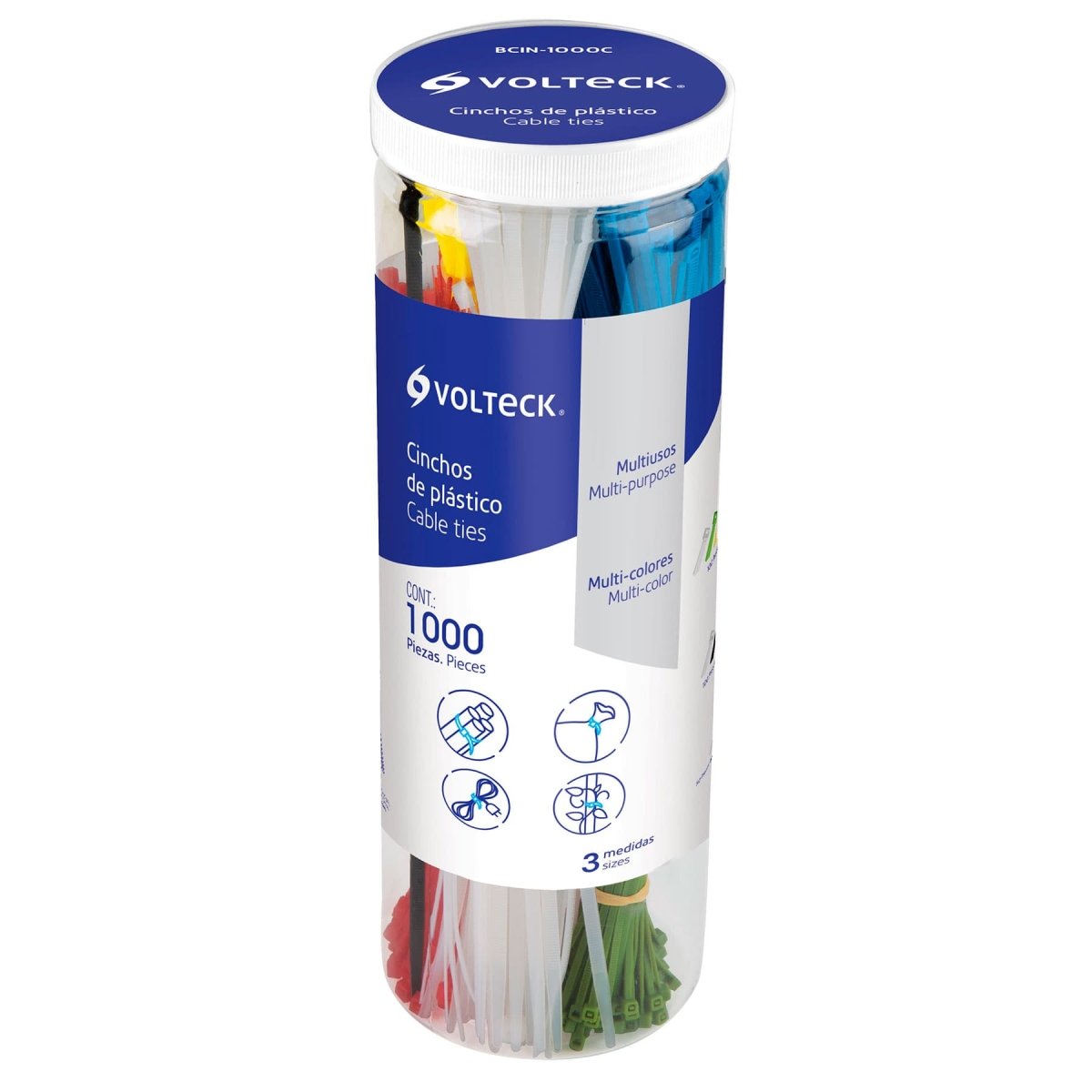 FRASCO DE ABRAZADERAS PLASTICAS (TAIRRAS) COLORES SURTIDOS 1000 PIEZAS VOLTECK - SUPERMIX