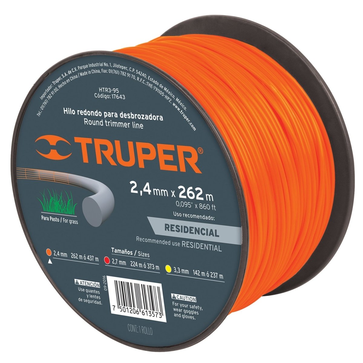HILO PARA CORTADORA DE GRAMA 2.7MM X 224M REDONDO ROJO TRUPER - SUPERMIX