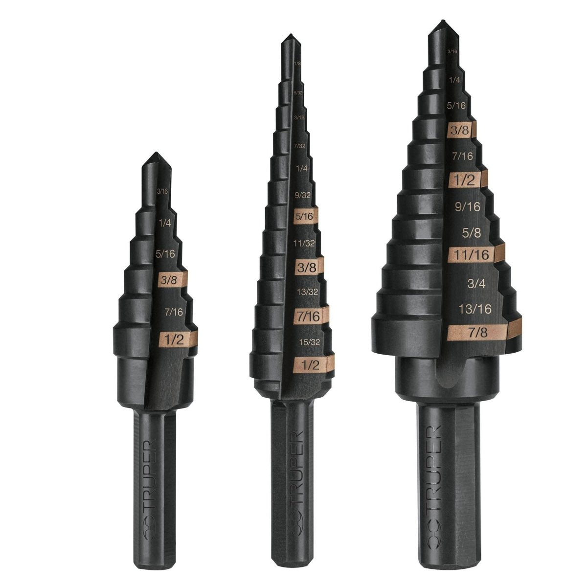 JUEGO DE 3 BARRENAS ESCALONADAS ZANCOS 1/4" Y 3/8" TRUPER.. - SUPERMIX