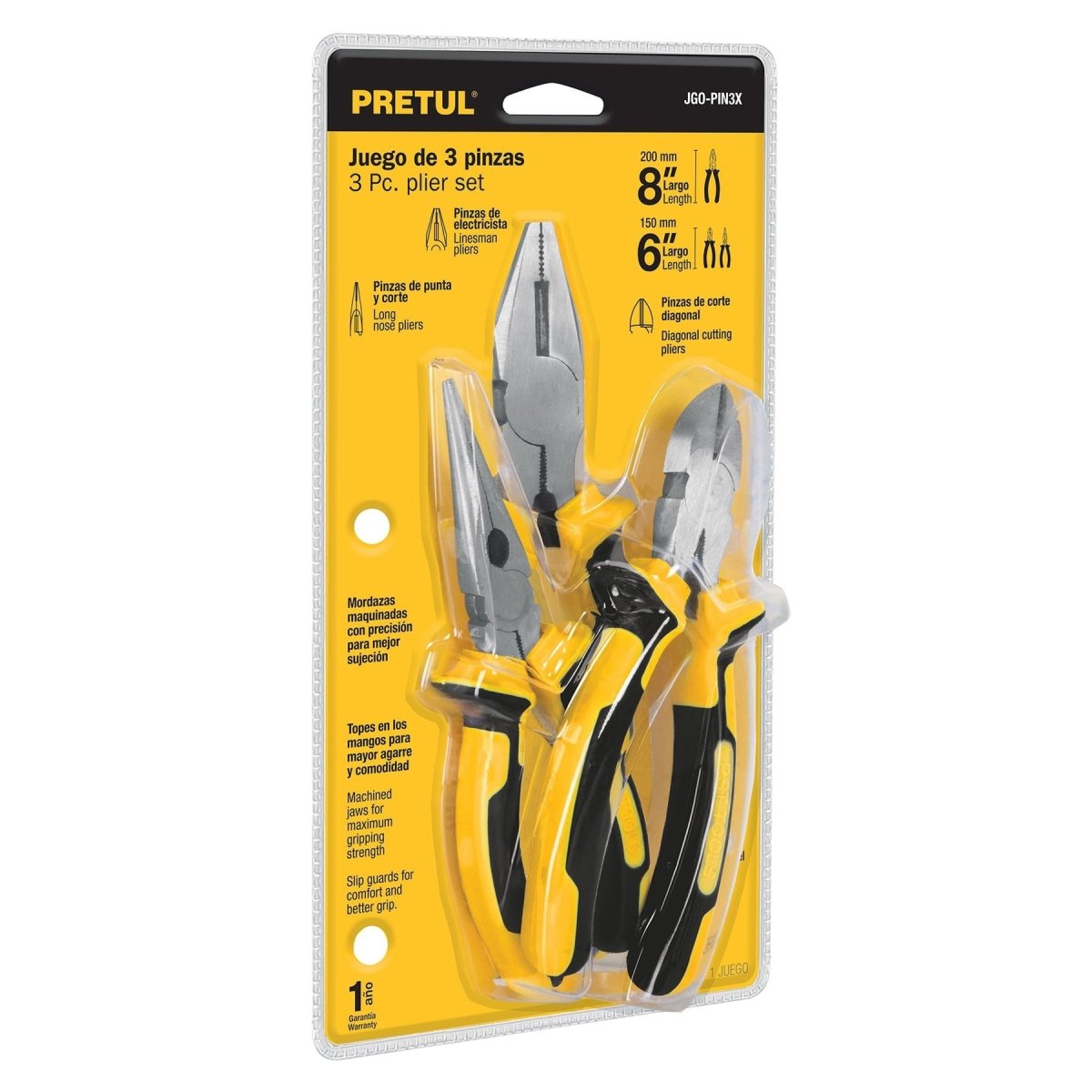 JUEGO DE 3 PINZAS MISTAS 6" Y 8" MANGO CONFORTABLE PRETUL - SUPERMIX