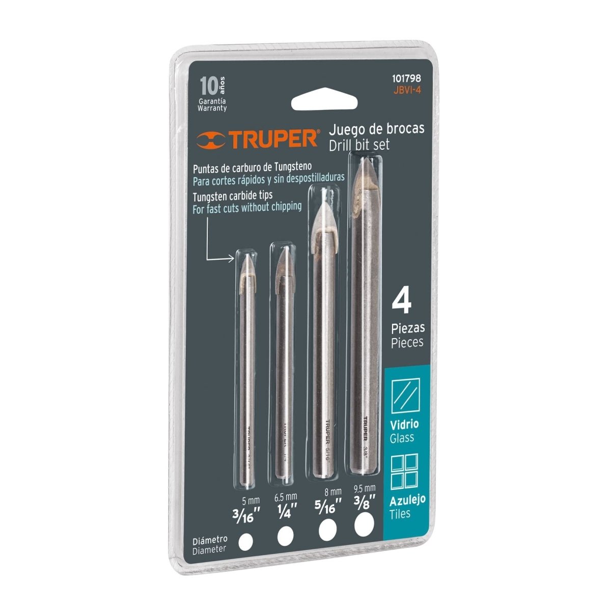 JUEGO DE 4 BARRENA DE 3/16'' A 3/8'' PARA VIDRIO Y CERAMICA TRUPER.. - SUPERMIX