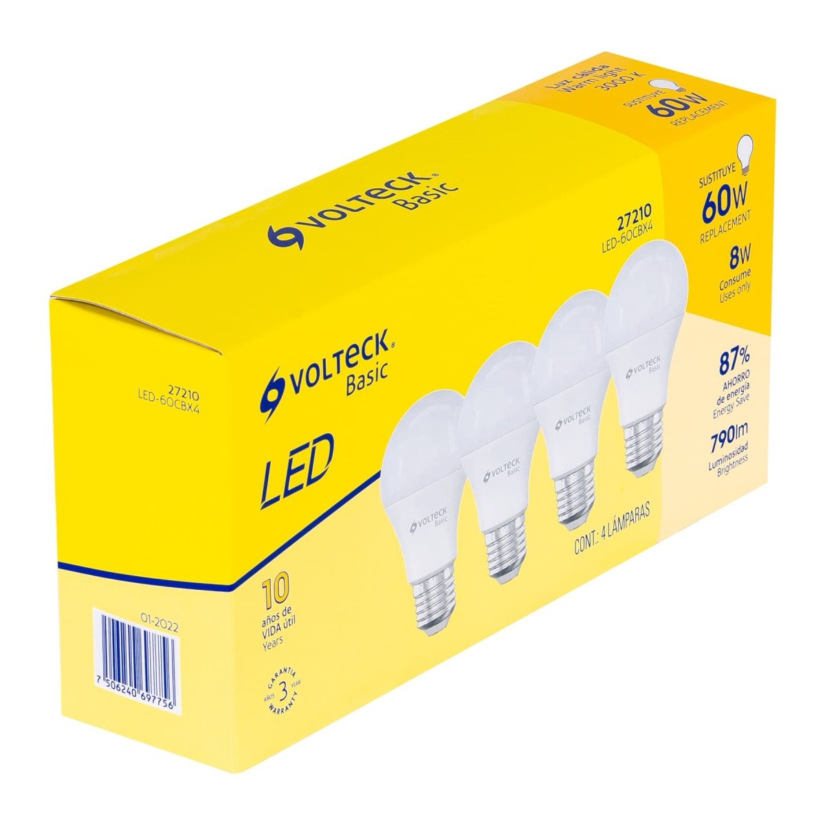JUEGO DE 4 BOMBILLOS 8W 120V LUZ CALIDA TIPO BULBO A19 VOLTECK - SUPERMIX