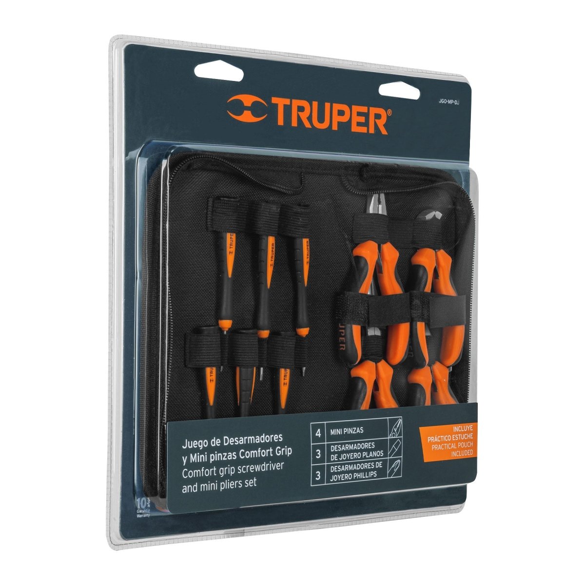 JUEGO DE 4 PINZAS PEQUEÑAS + 6 DESTORNILLADORES DE JOYERO MANGO CONFORTABLE TRUPER.. - SUPERMIX