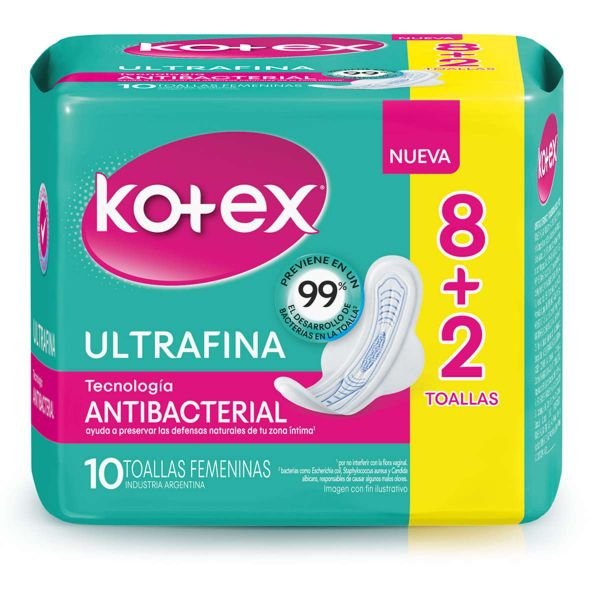 KOTEX TOALLA SANITARIA ESENCIAL ULTRA FINA ANTIBACTERIAL 10 UND - SUPERMIX