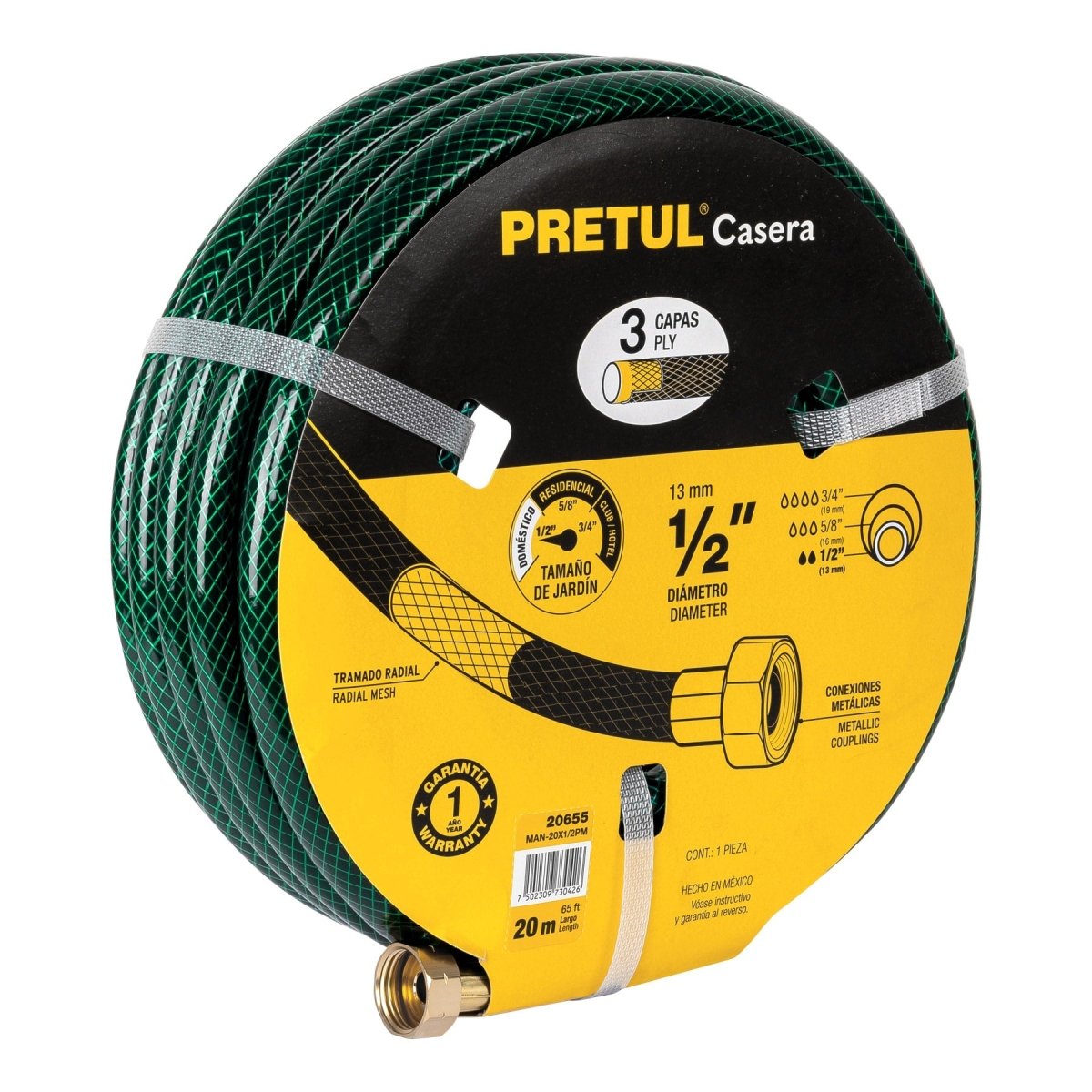 MANGUERA 1/2" 3 CAPAS C/METAL 20M,PRETUL.. - SUPERMIX